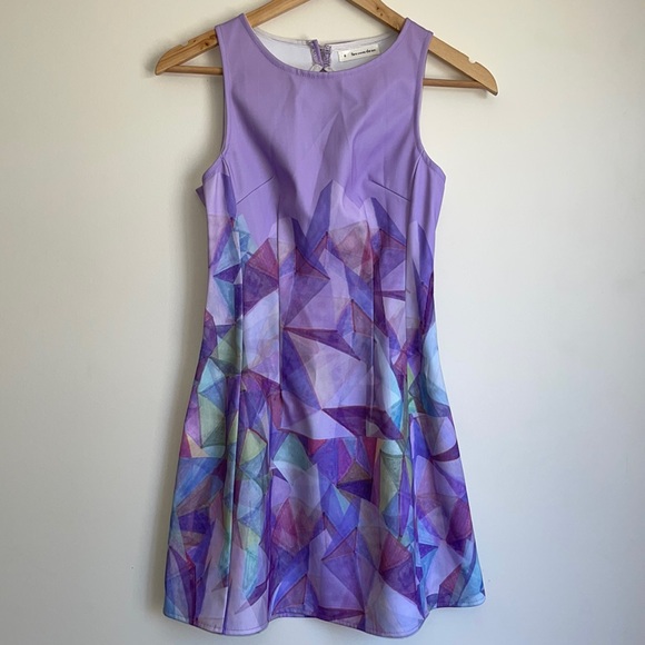 HERE COMES THE SUN | Purple watercolour geometric skater dress - Picture 2 of 8